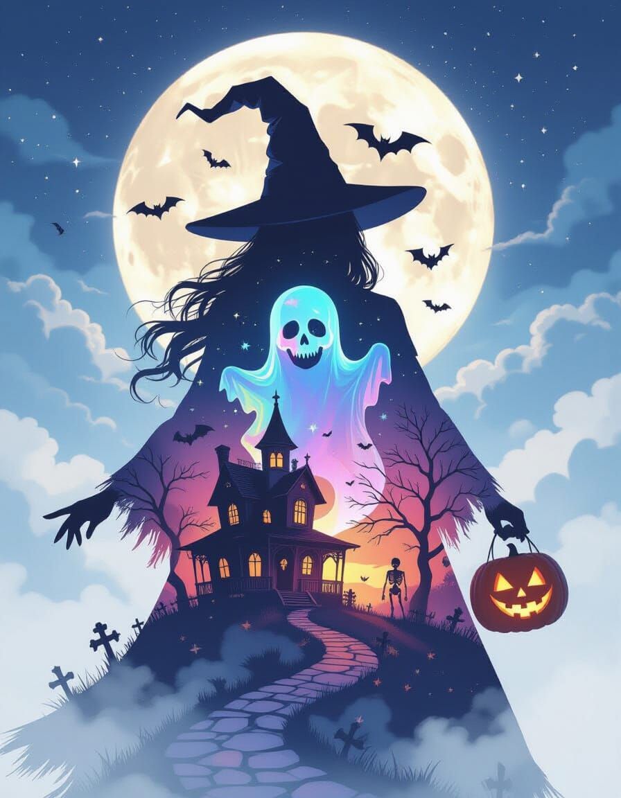 Whimsical Double Exposure Witch with Halloween Scene