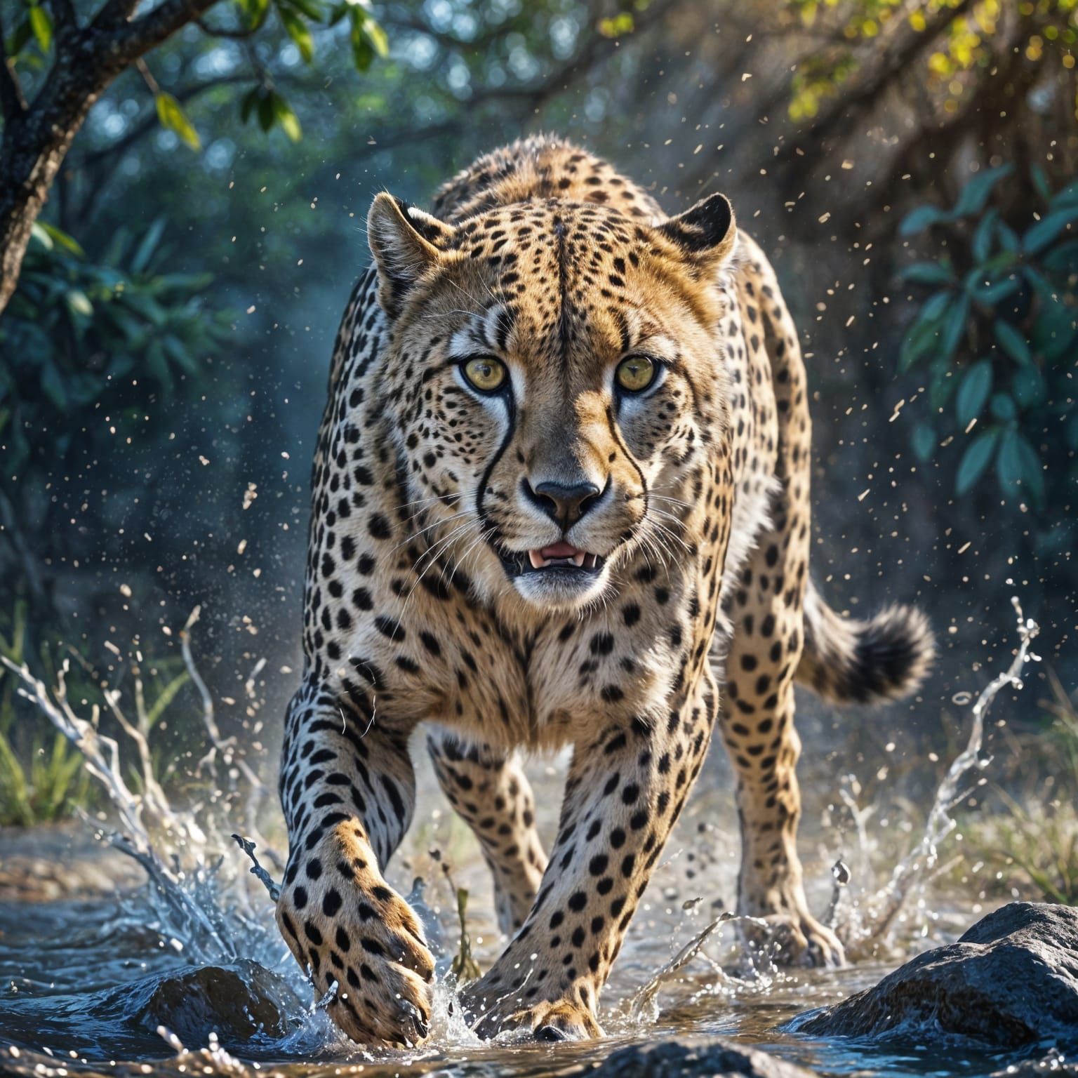 Hyper-Realistic Cheetah Stalks Prey in Dramatic Splash Art