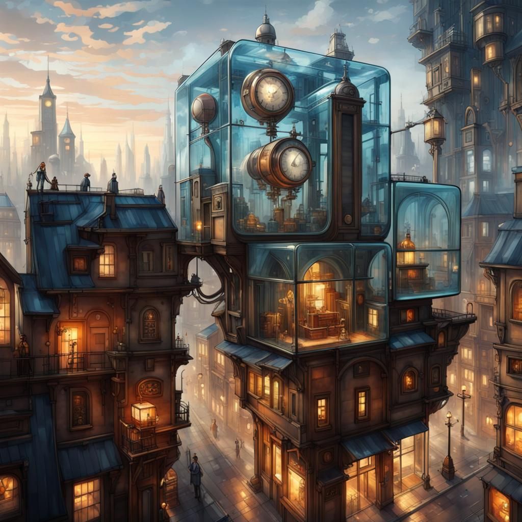 Futuristic Steampunk City in Glass Cube