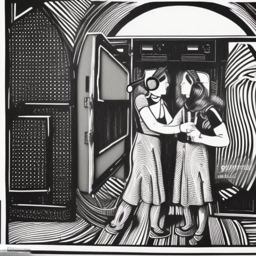 Activists Inside Arcade Game, Mondrian Linocut