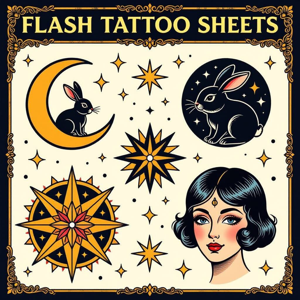 Celestial Flash Tattoo Sheet in Traditional Style