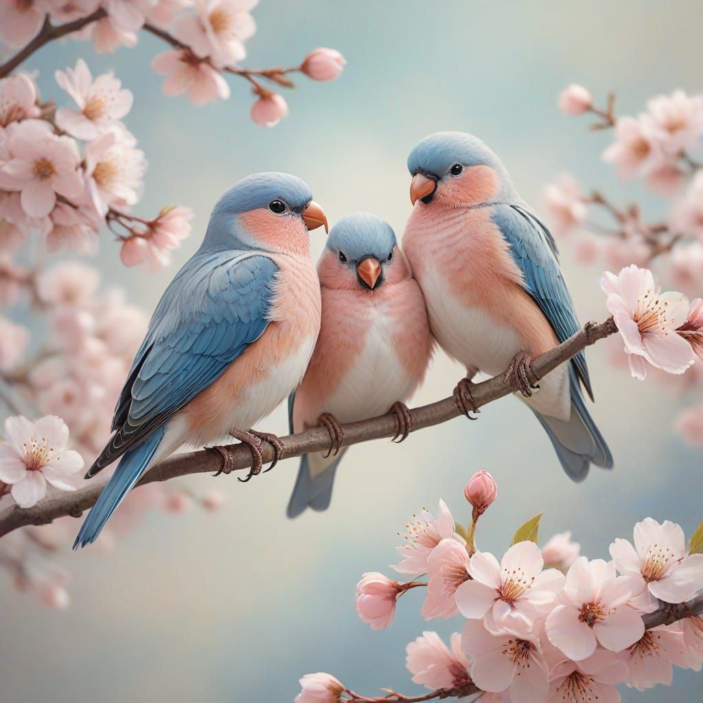 Watercolour Lovebirds on Cherry Blossom Tree