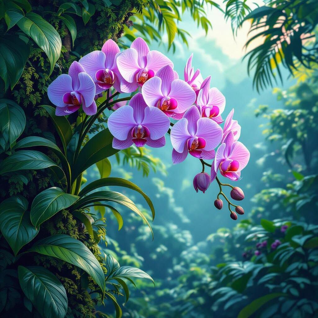 Vibrant Orchid Blooms in Tropical Rainforest Matte Painting