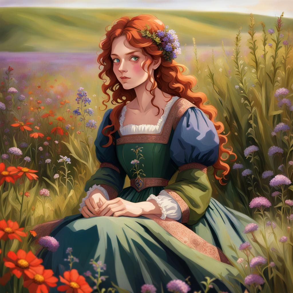 Victorian Peasant Woman in Wildflower Field