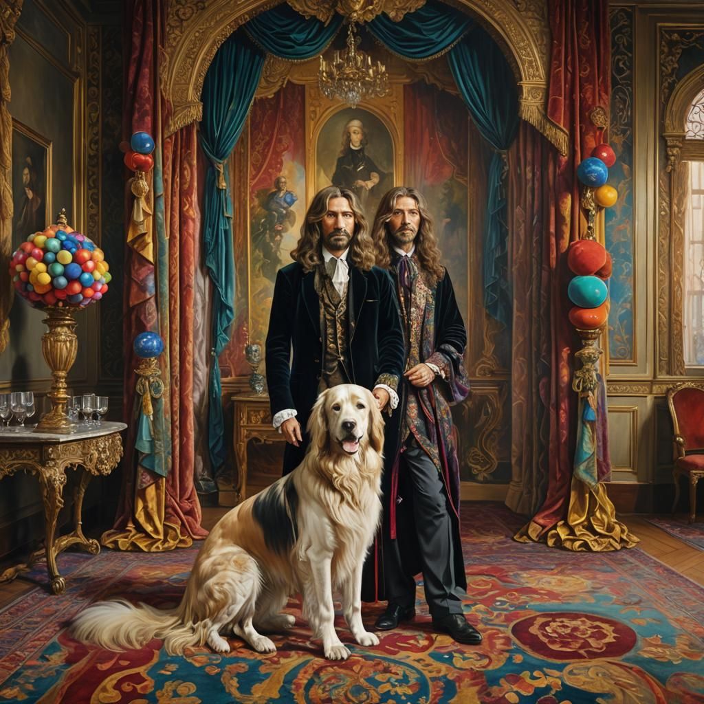 Man with Dog and Ribbons: Cinematic Oil Painting