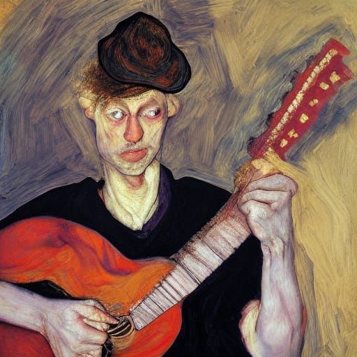 Sorrowful Guitarist in Dramatic Light - Expressionist Oil Pa...