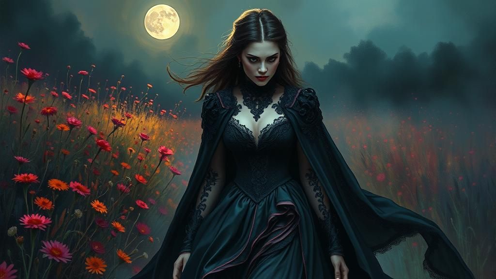 Victorian Vampire in Lush Field, Hyperrealistic Art