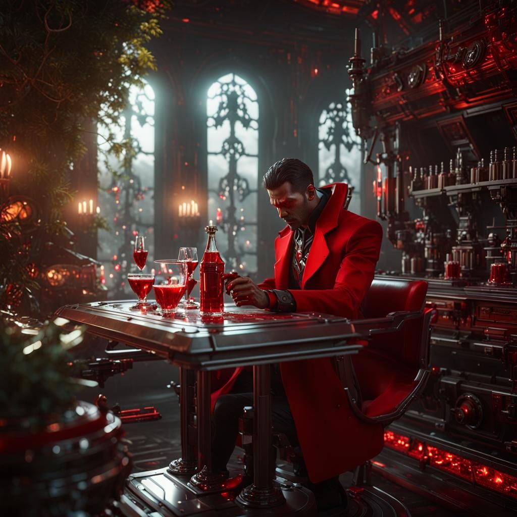 Futuristic Vampire Drinking Blood with Mech Details