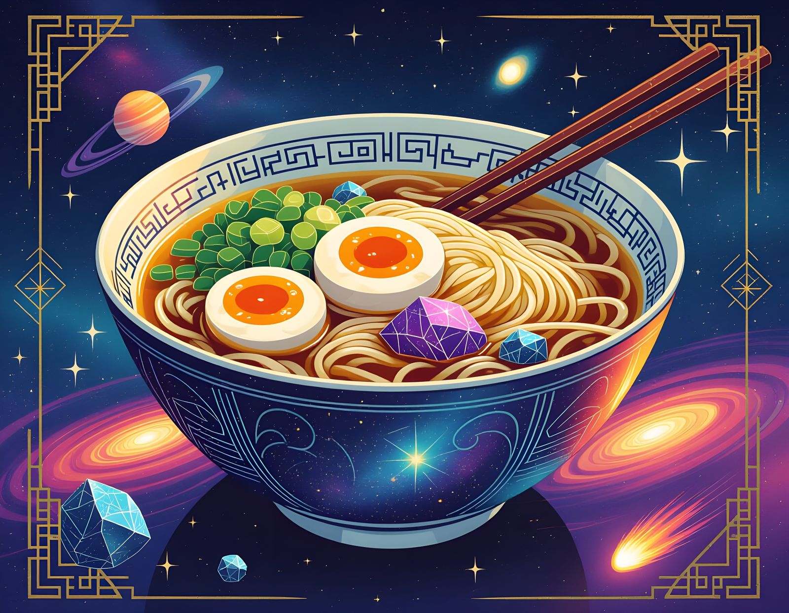 Cosmic Ramen Bowl in Art Deco Style