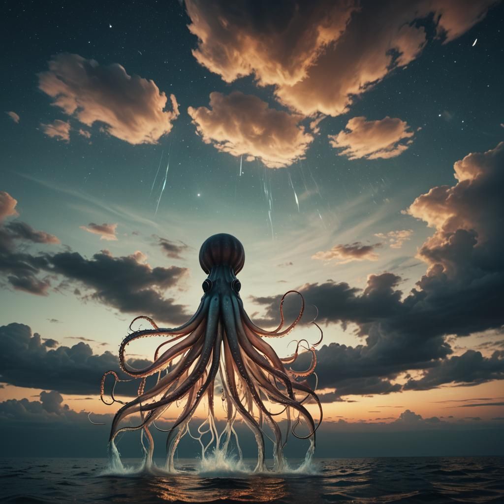 Glowing Giant Squid Floats in Night Sky
