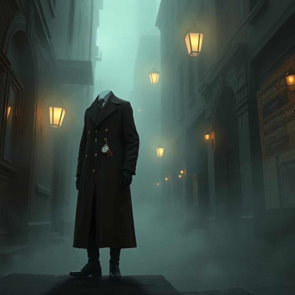 Steampunk Time Traveler in Foggy Victorian Alleyway