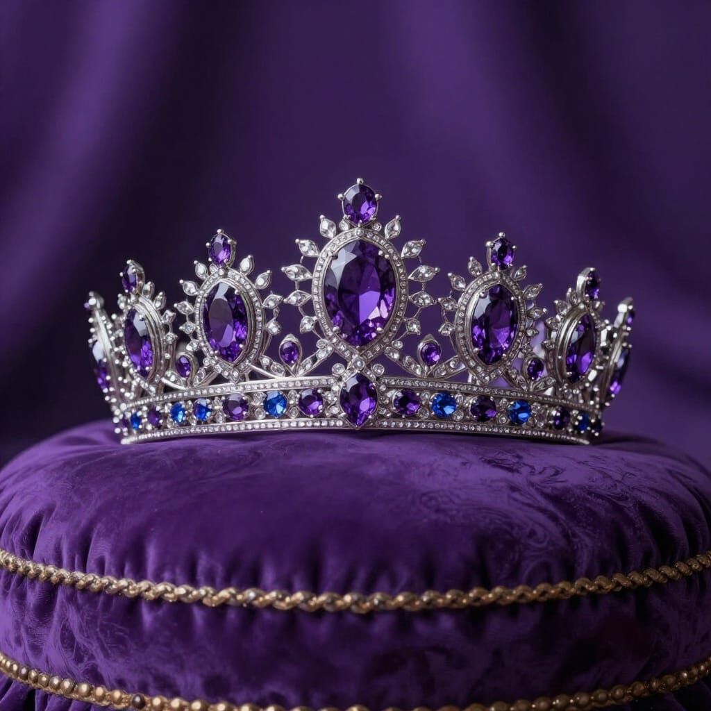 Ornate Silver Tiara on Purple Cushion