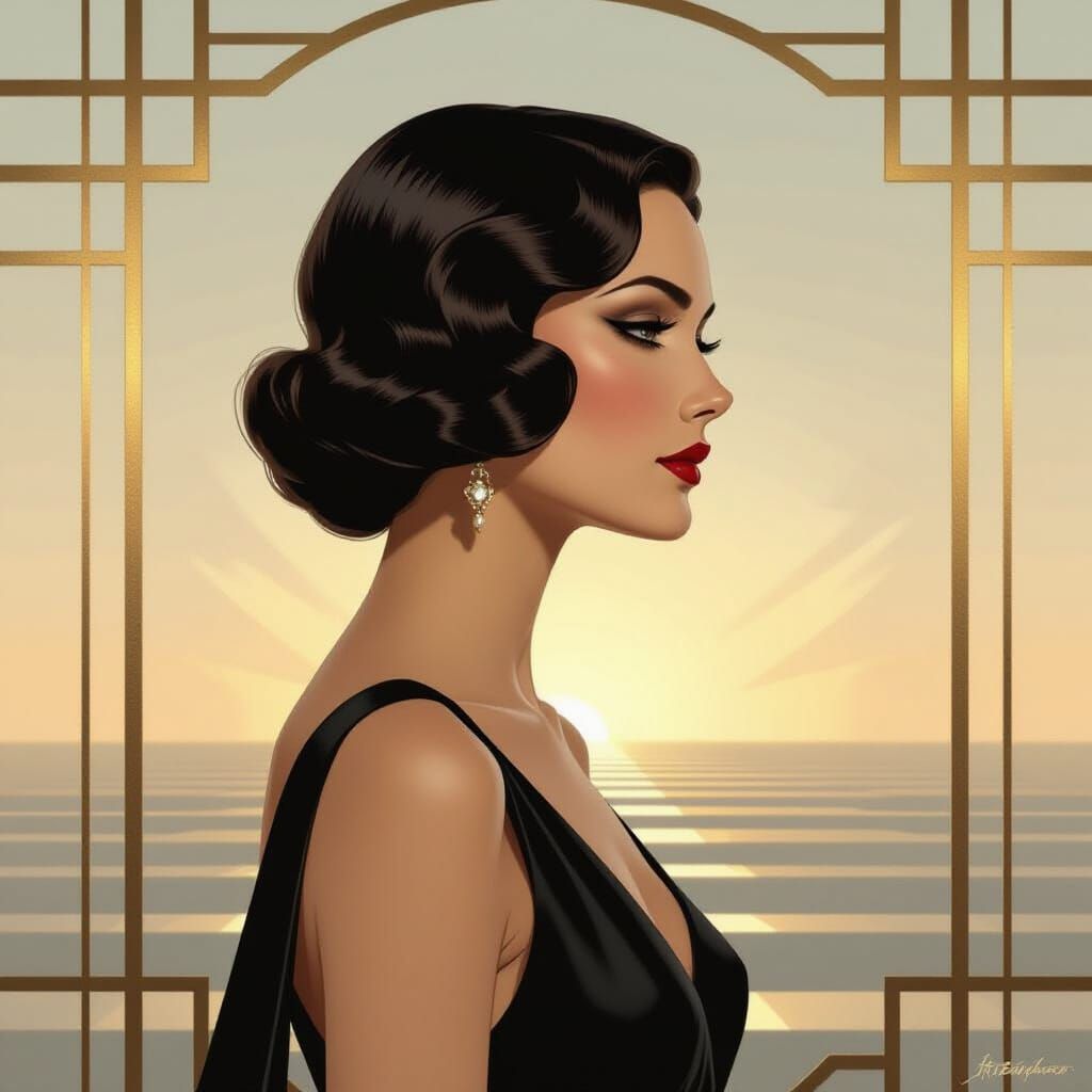 Art Deco Woman Gazing at Silver and Gold Horizon