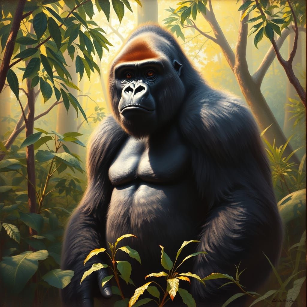very detailed oil painting of a gorilla in its native enviro...