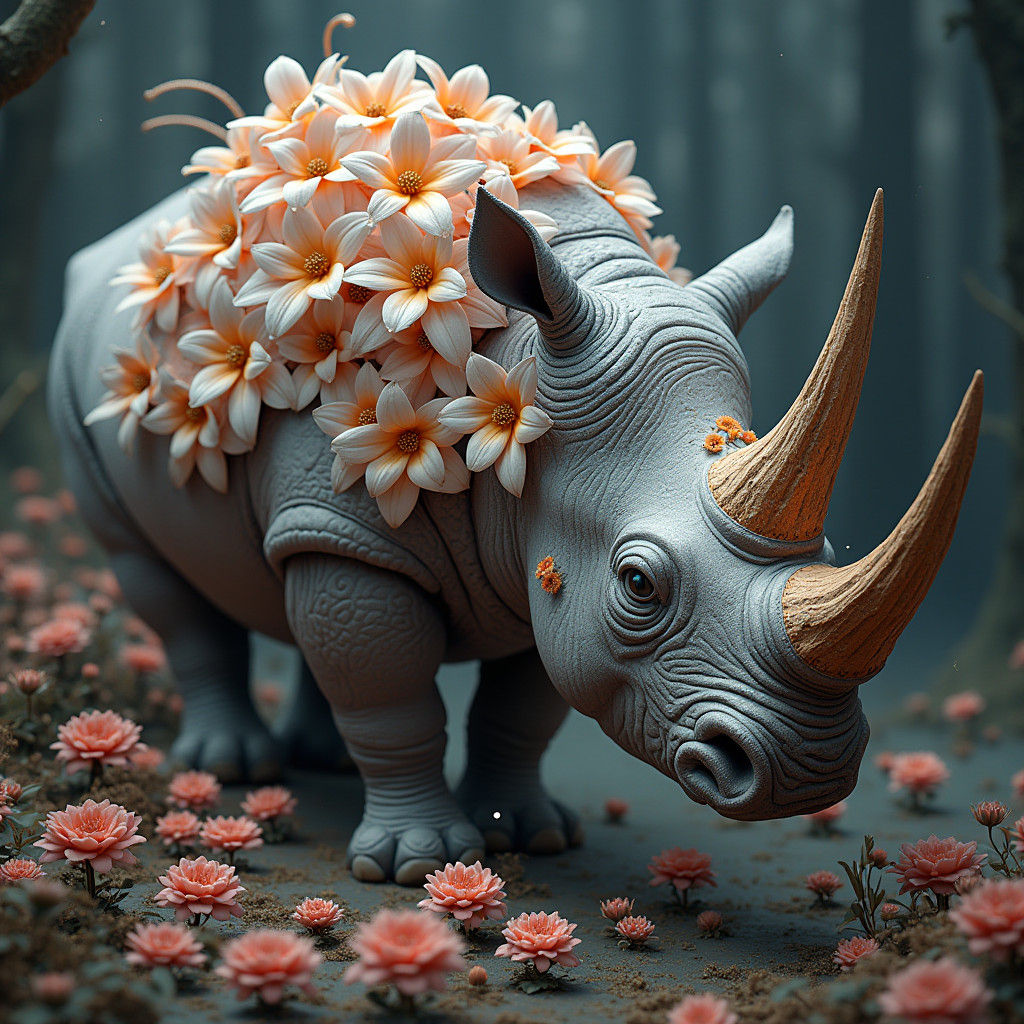 Floral Rhino: Detailed Matte Painting in Deep Color