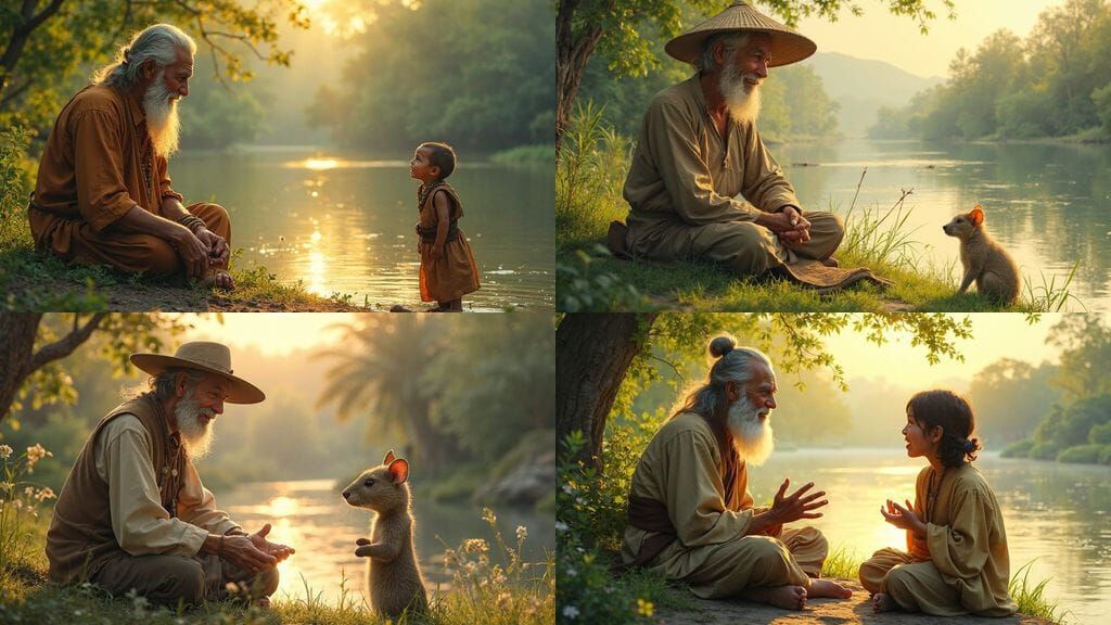 Wise Man Advises Boy by Riverbank at Dusk