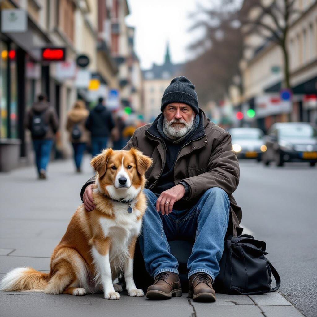 Homeless Man Sits With Sad Dog on Street