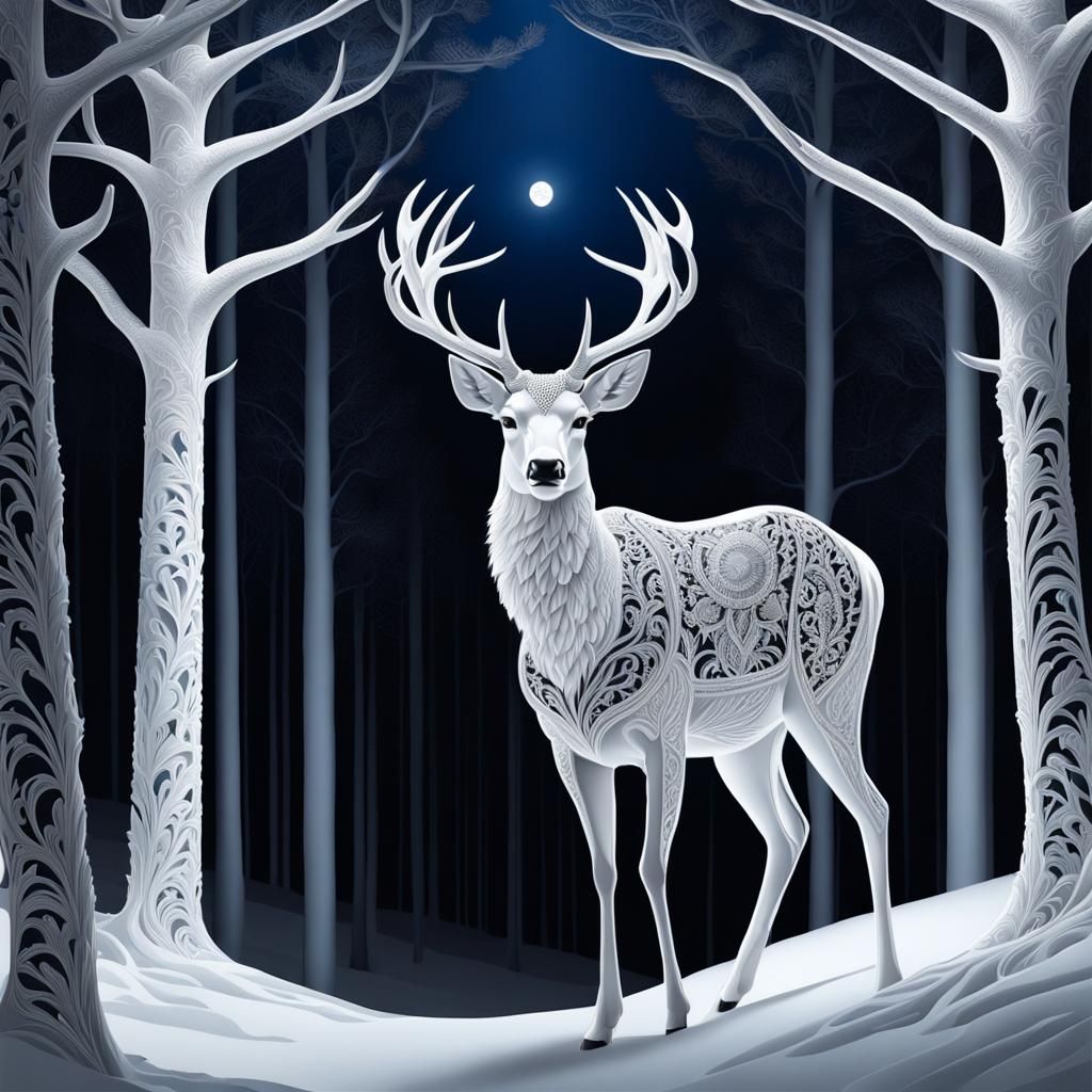 Lace Deer in Moonlight Forest: Digital Baroque Style