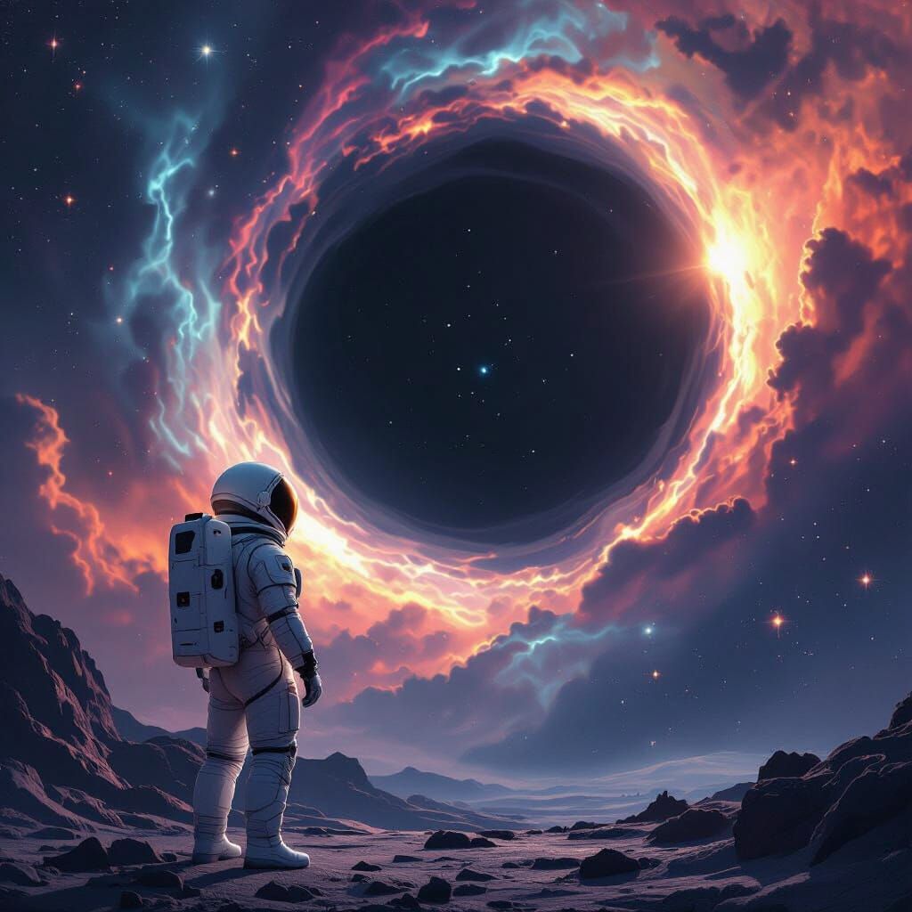 Astronaut Awestruck by Swirling Black Hole in Cosmic Digital...