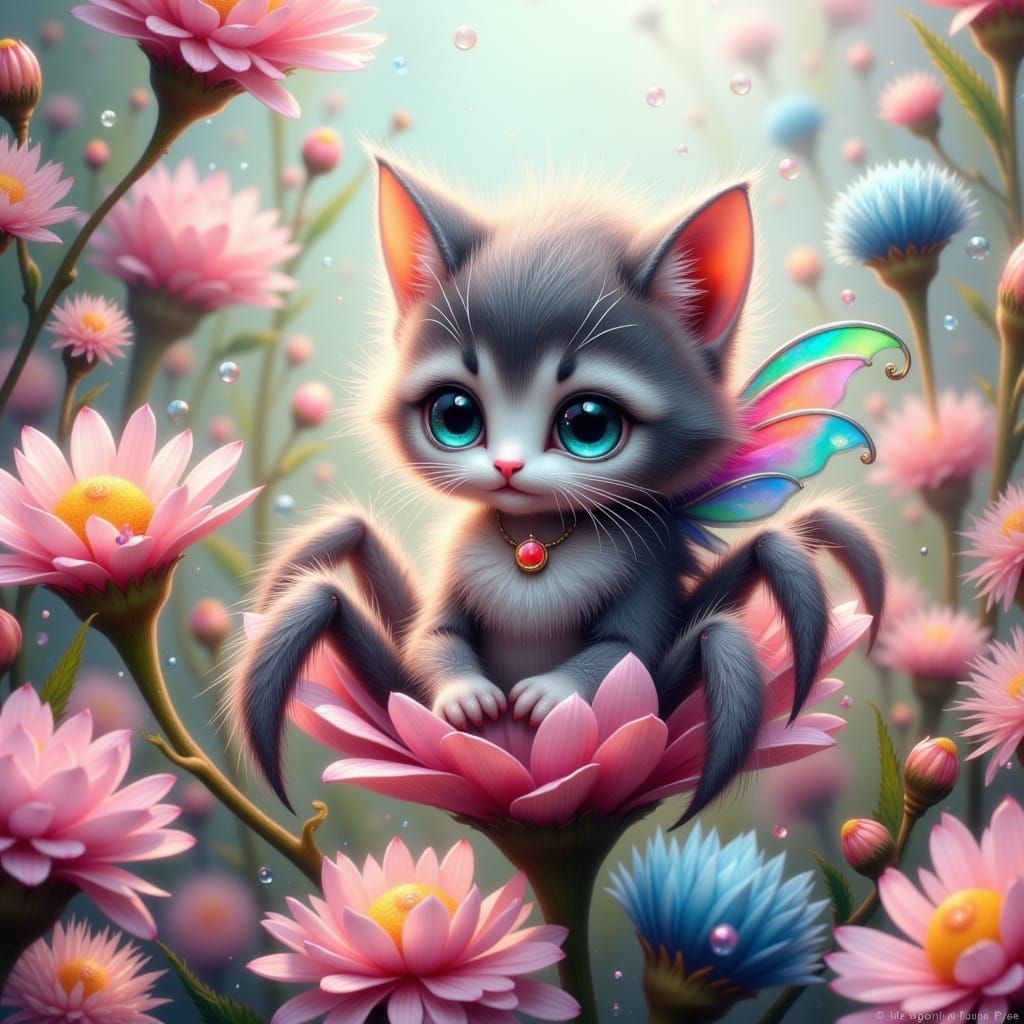 Whimsical Spider Kitten on a Delicate Flower