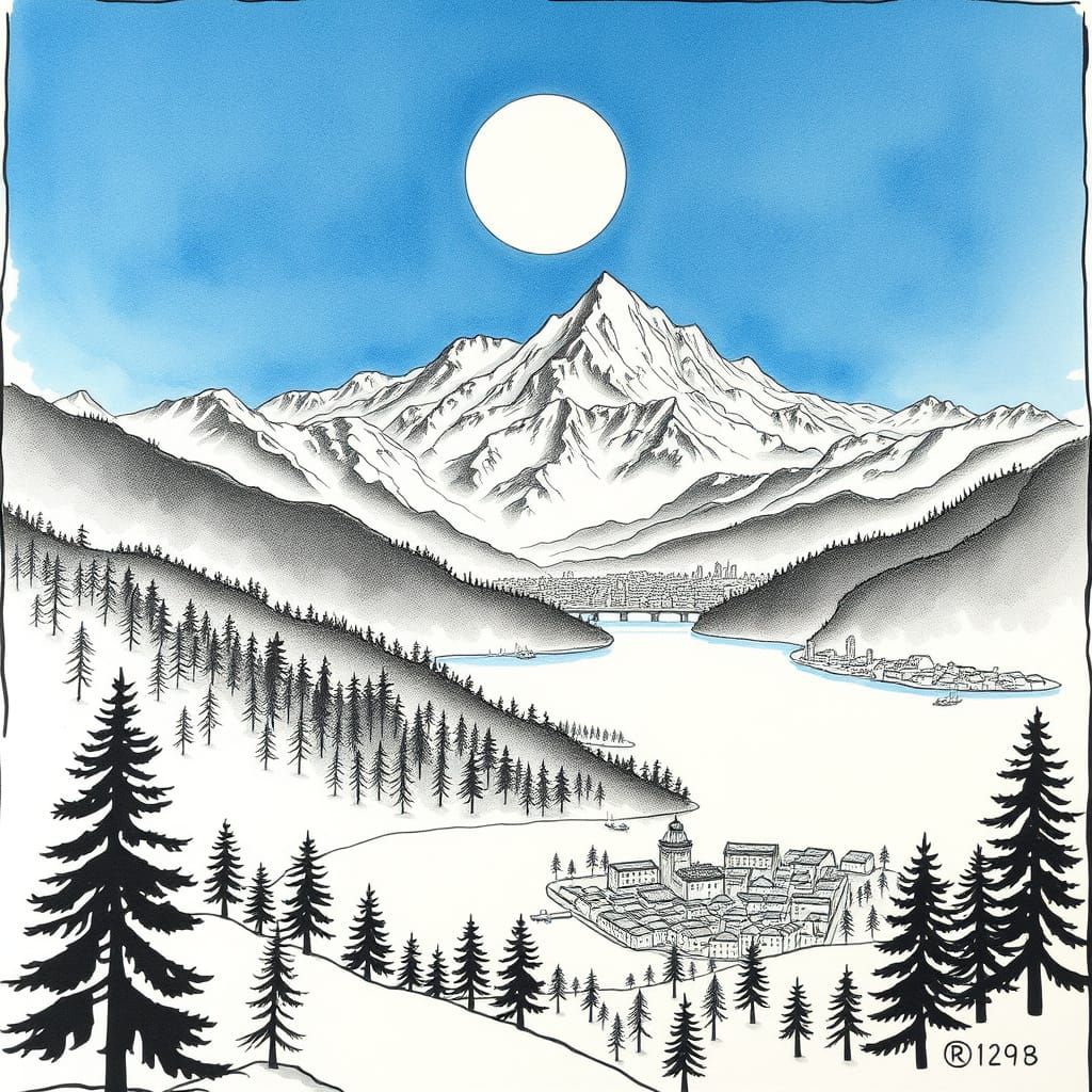 Ink Style Landscape: Forest, Mountains, Lake, and City