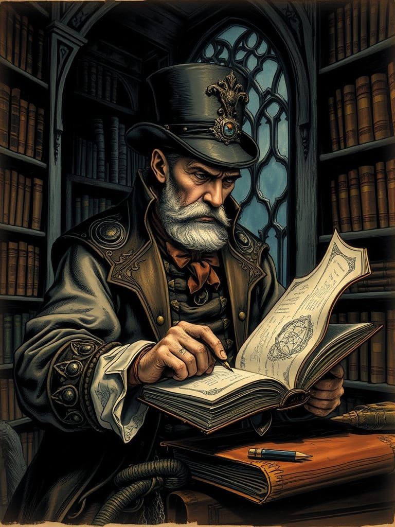 Victorian Scribe Copying Mystical Tome in Gothic Library