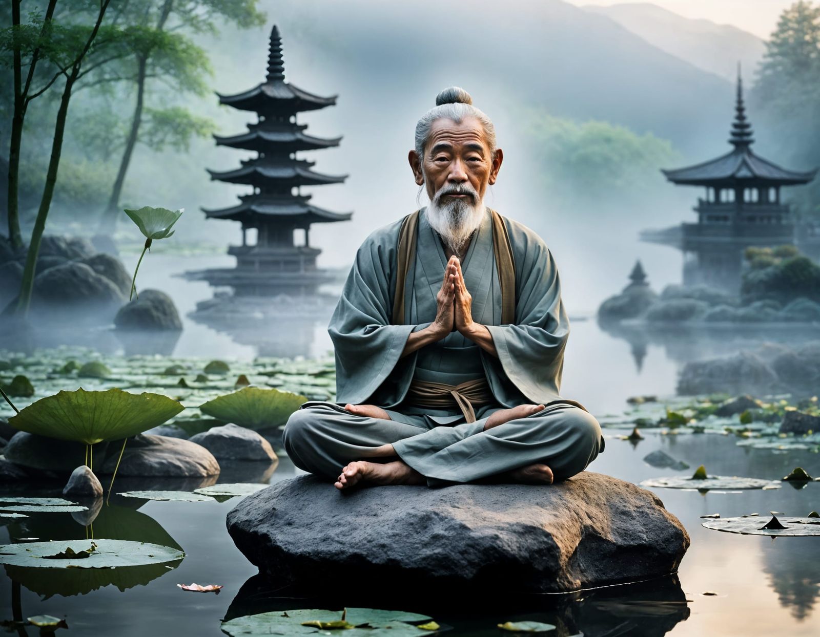 Zen Sage Meditates in Misty Pond at Dawn