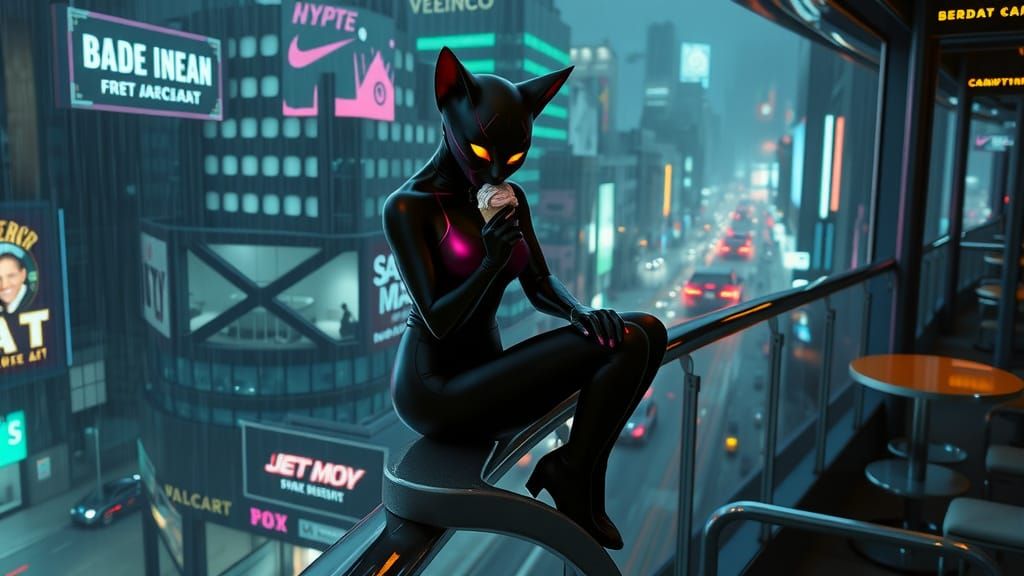 Cyberpunk Cat-Woman Savoring Ice Cream in Neo-City