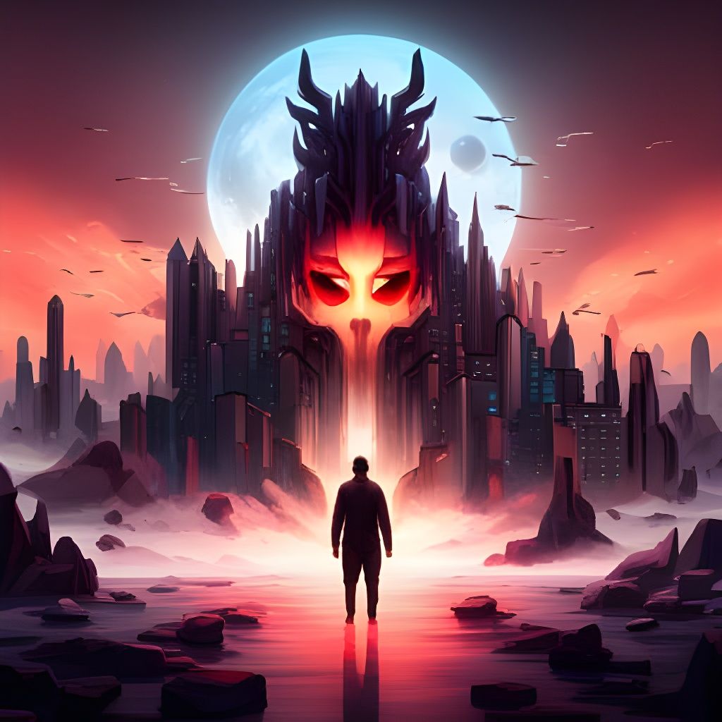 Figure with Red Mask in Glitchy Sky