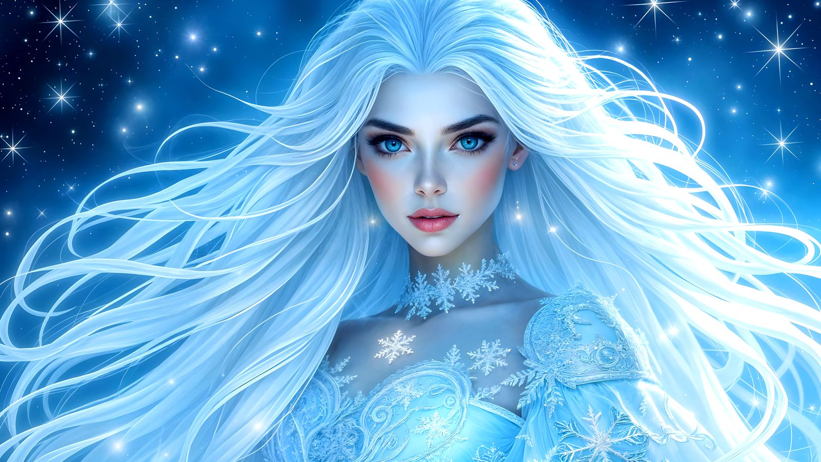Snow Queen Radiates Ethereal Light in Starlit Landscape