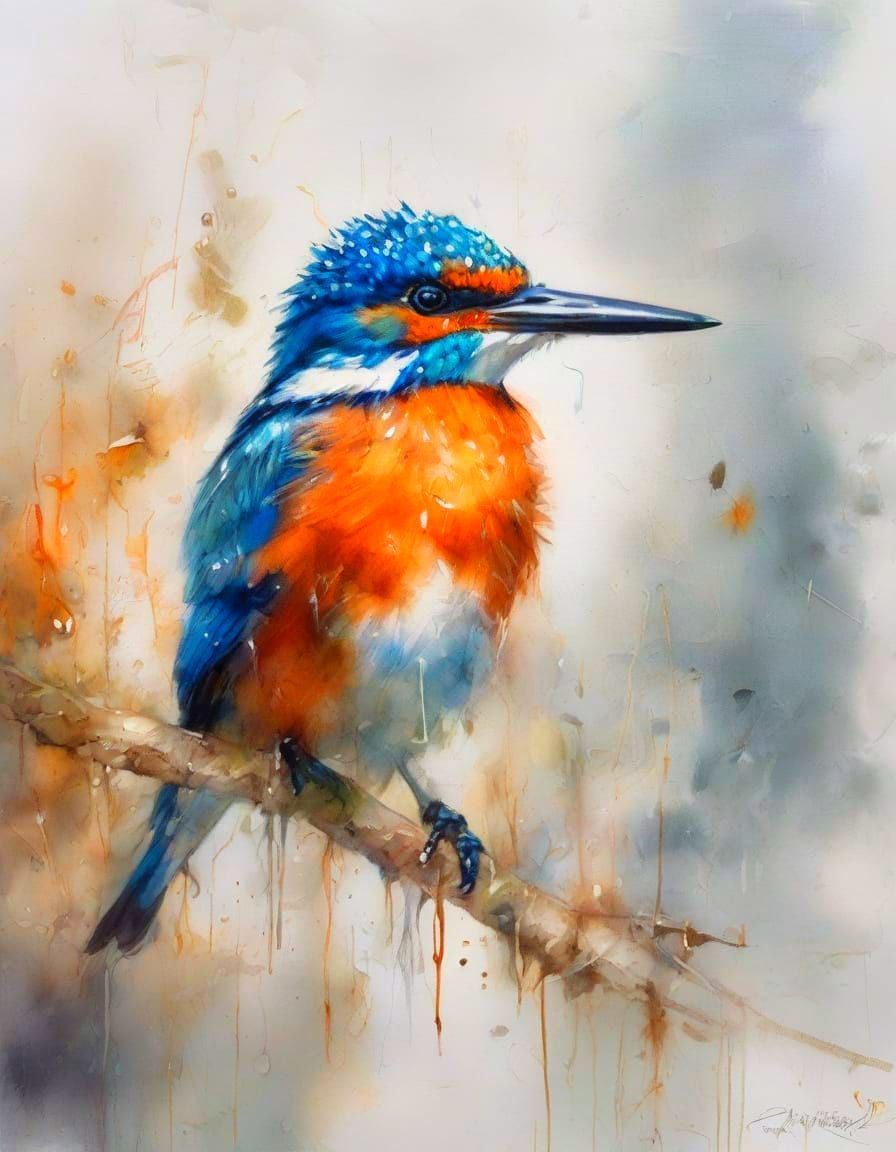 Tiny Kingfishers in Spray: Neo-Impressionist Oil Painting