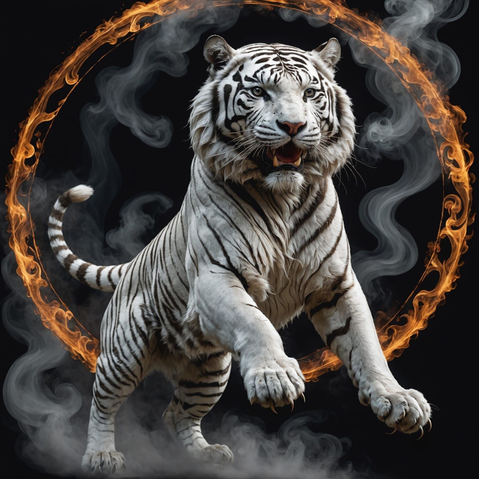 Ethereal Smoke Tiger Jumps Through Fire Ring
