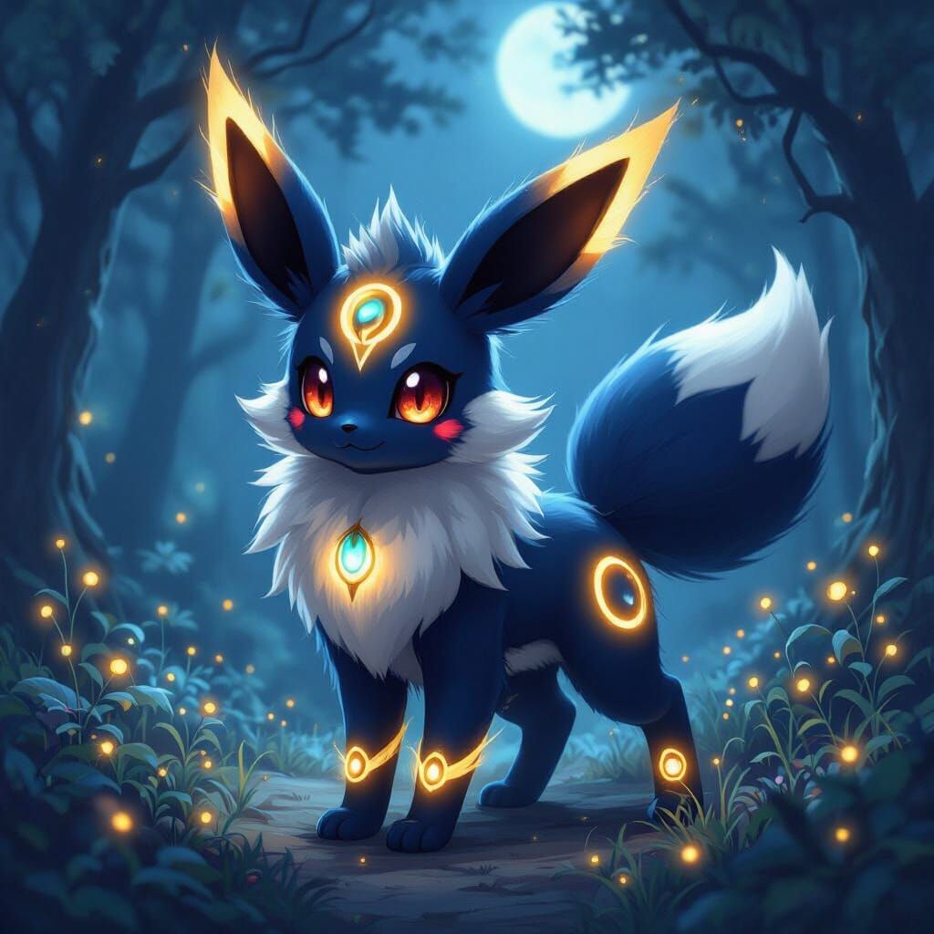 Mystical Eevee-Umbreon Hybrid in Moonlit Forest