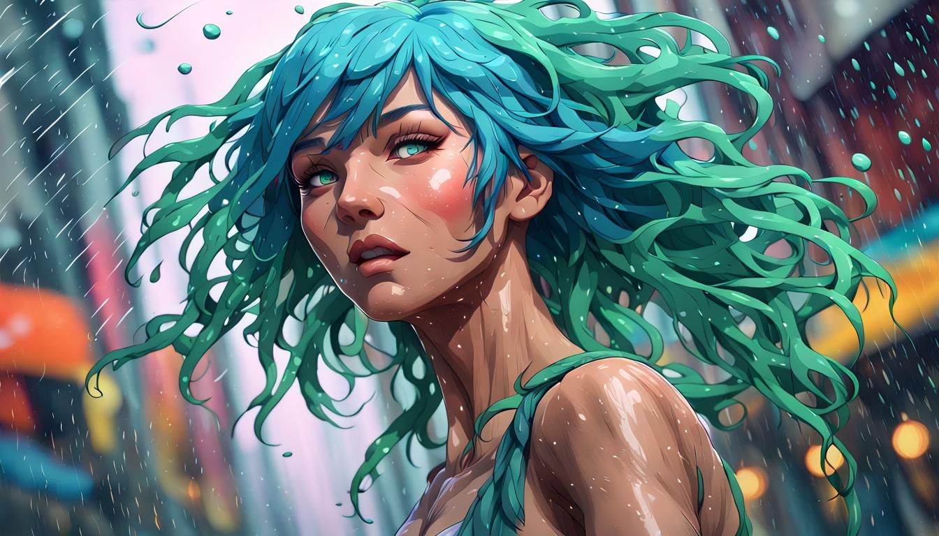 Anime Woman Dancing in Rain with Statue