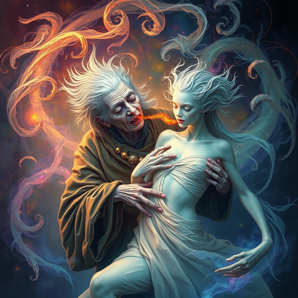 Elderly Woman Siphons Life Energy in Dreamlike Scene