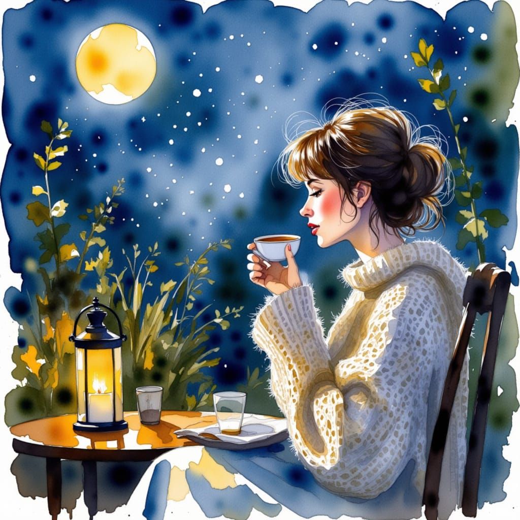 Woman Sipping Tea in Moonlit Garden Watercolor Painting