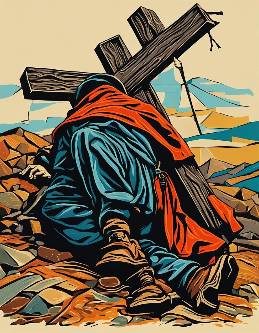 Pilgrim Rests at Cross in Abstract Art
