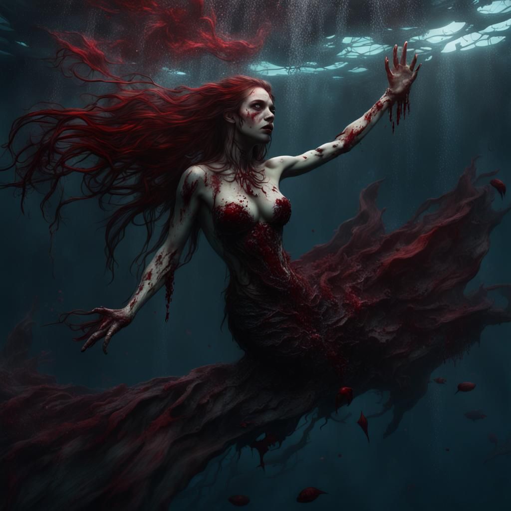 Enigmatic Underwater Vampire Mermaid in Deep Color