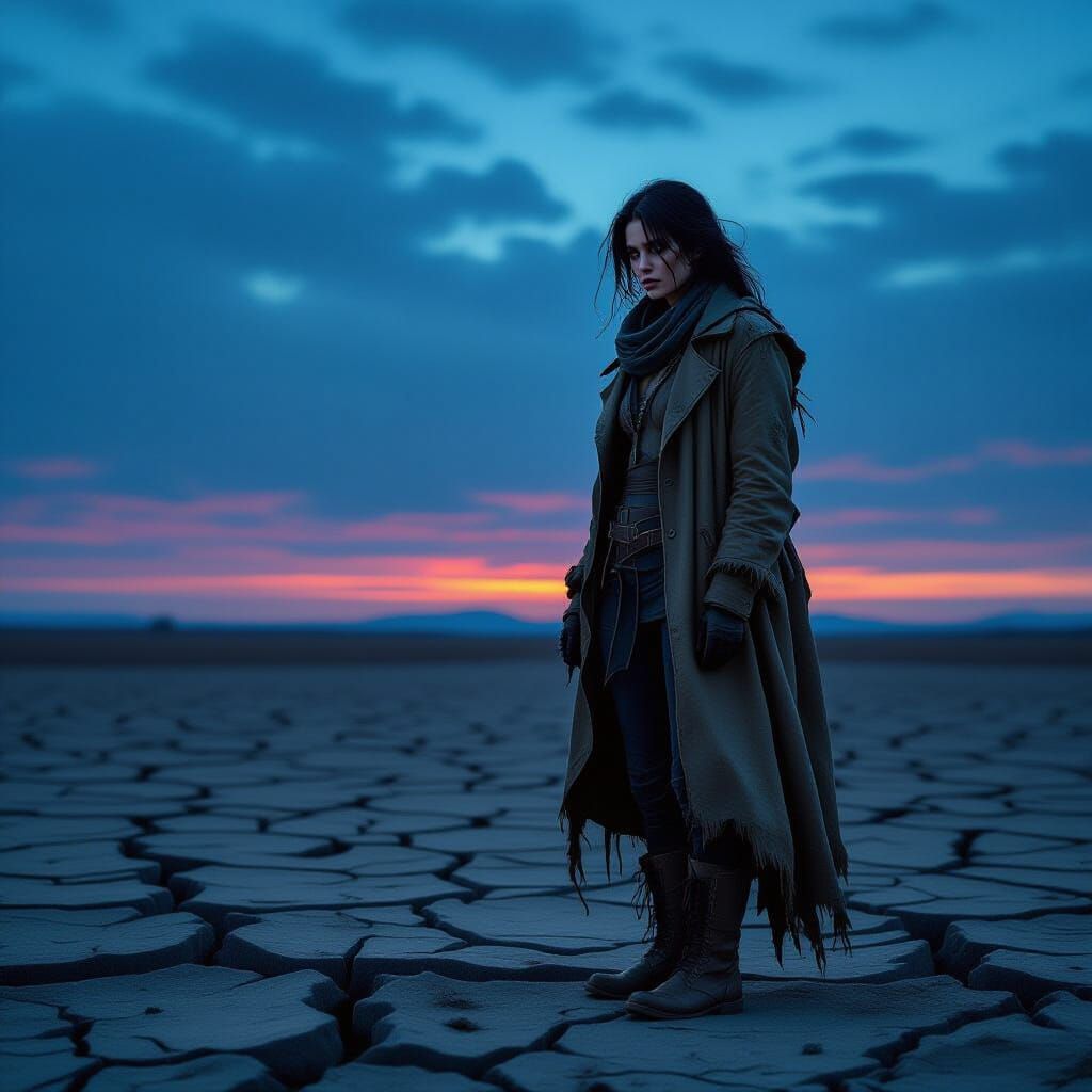 Lone Woman in Gritty Twilight Landscape