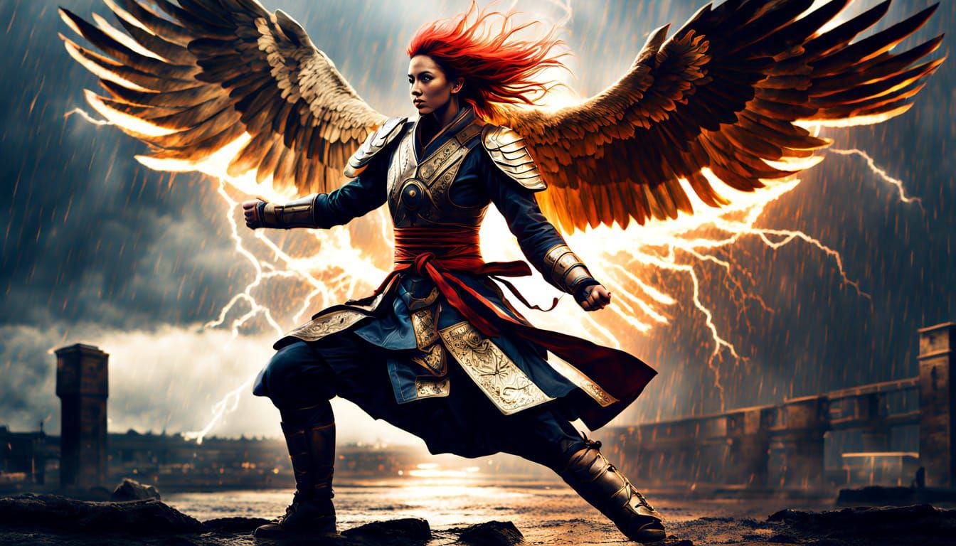 Futuristic Warrior Mid-Kick in Cyberpunk Style