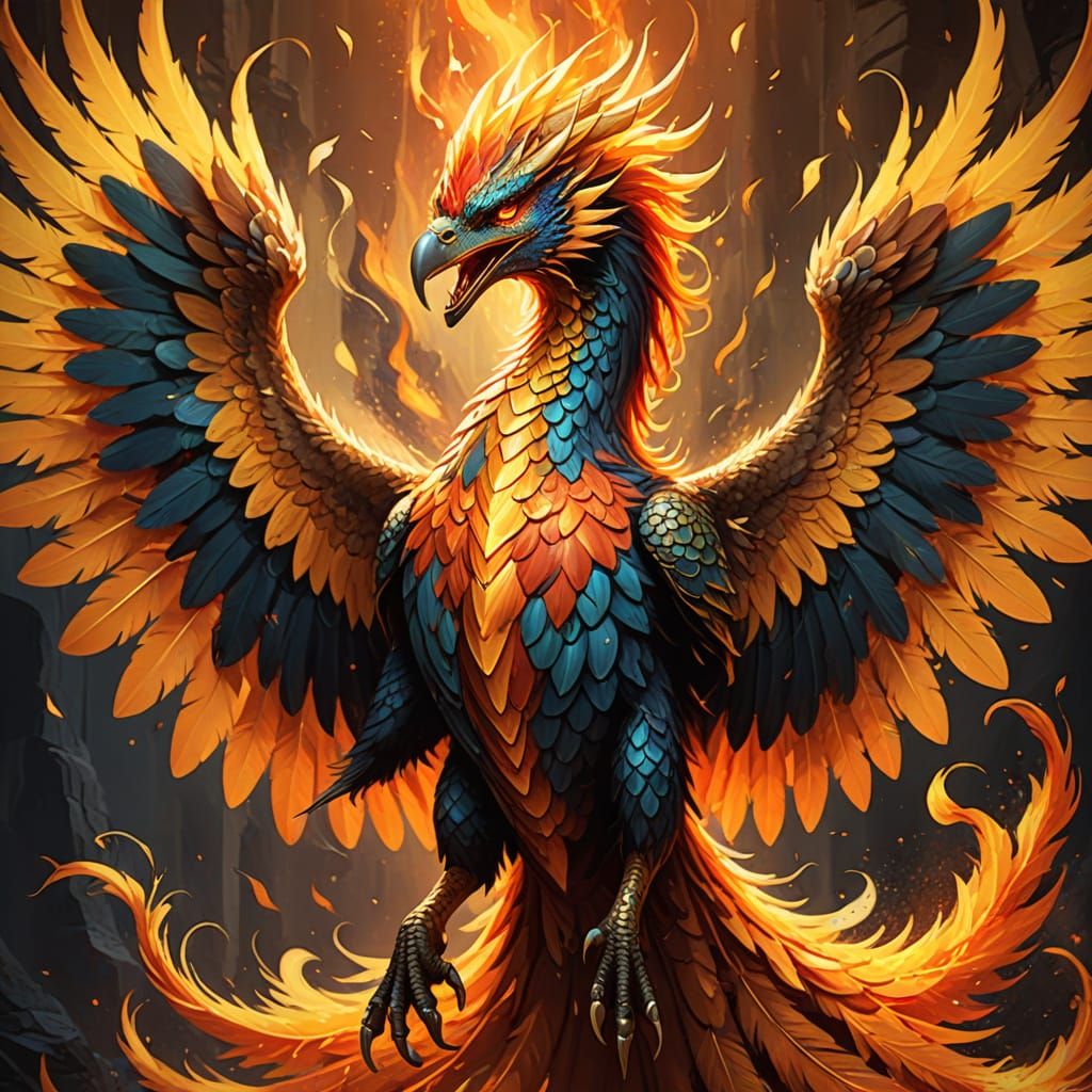 Fantasy Dragon-Phoenix Hybrid with Golden Feathers and Fiery...