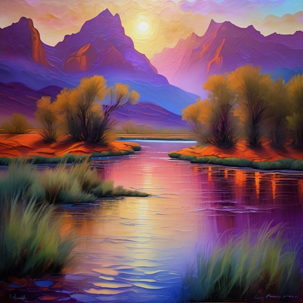 Art Nouveau Yacht Scene on Colorado River at Sunset