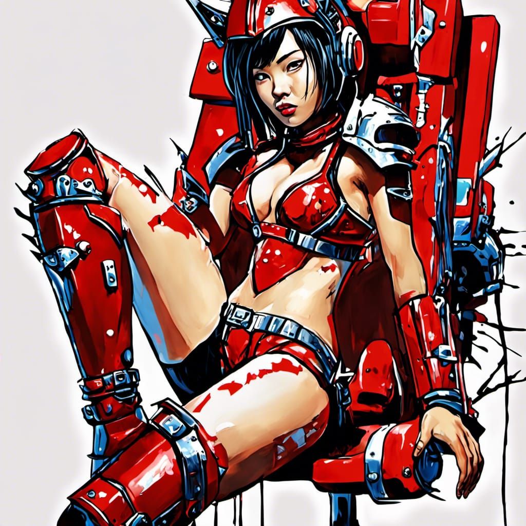 Cyberpunk Asian Woman in Red Armor