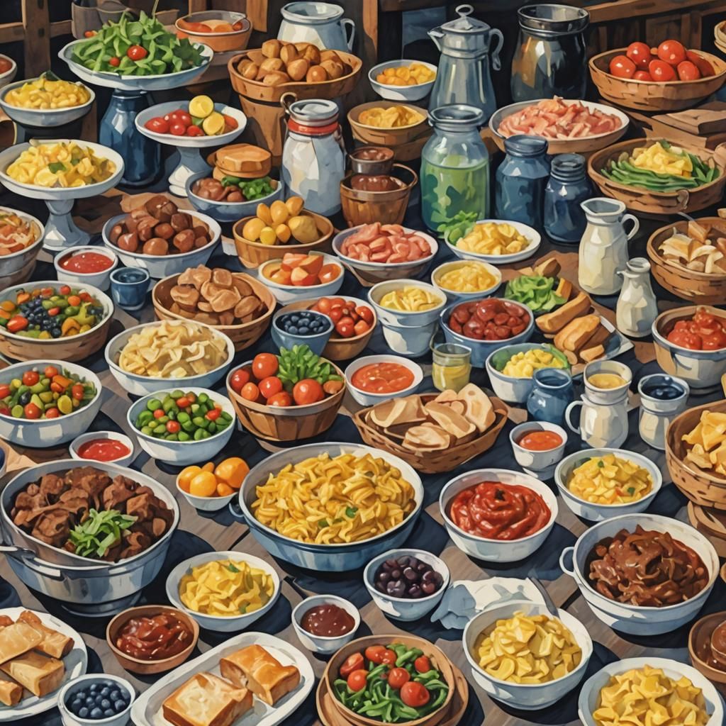 Amish Food Buffet in Gouache Watercolor Style