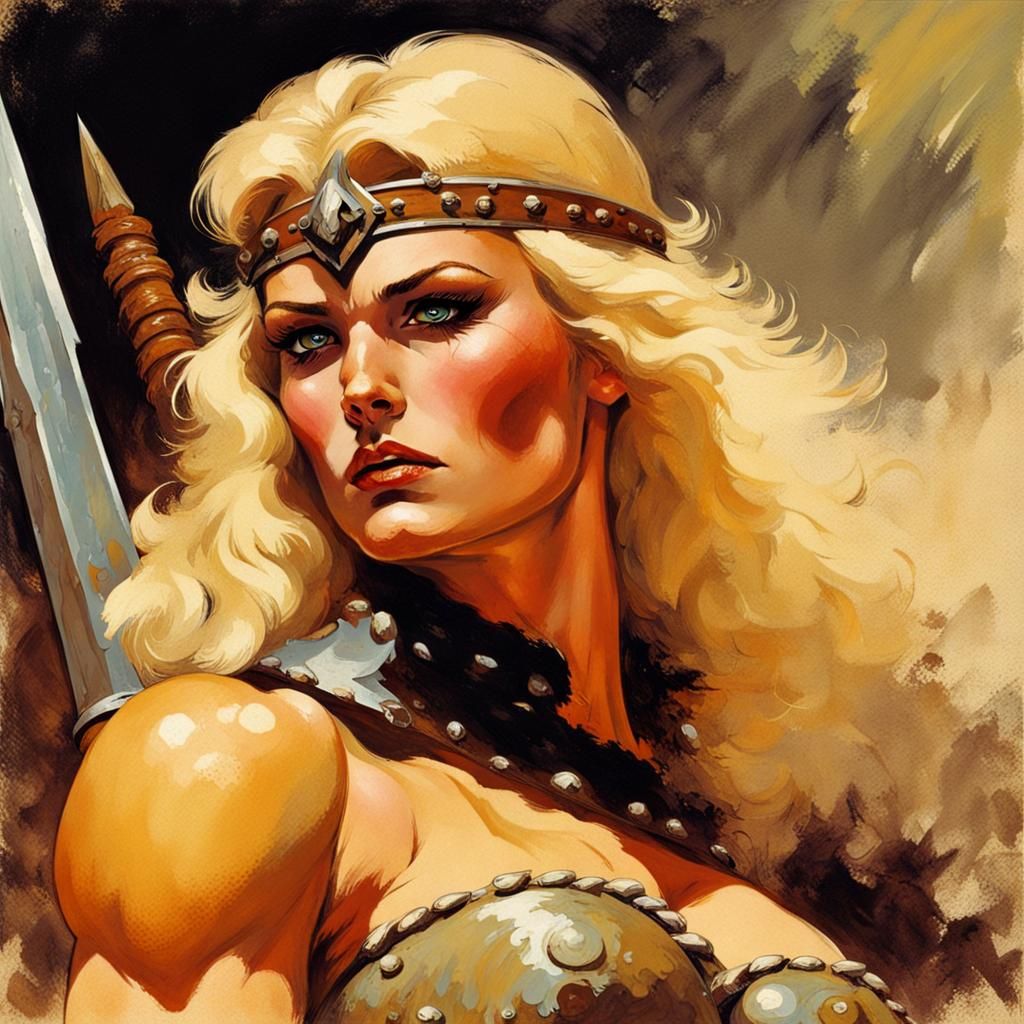 Confident Blonde Barbarian Woman in Frazetta Style