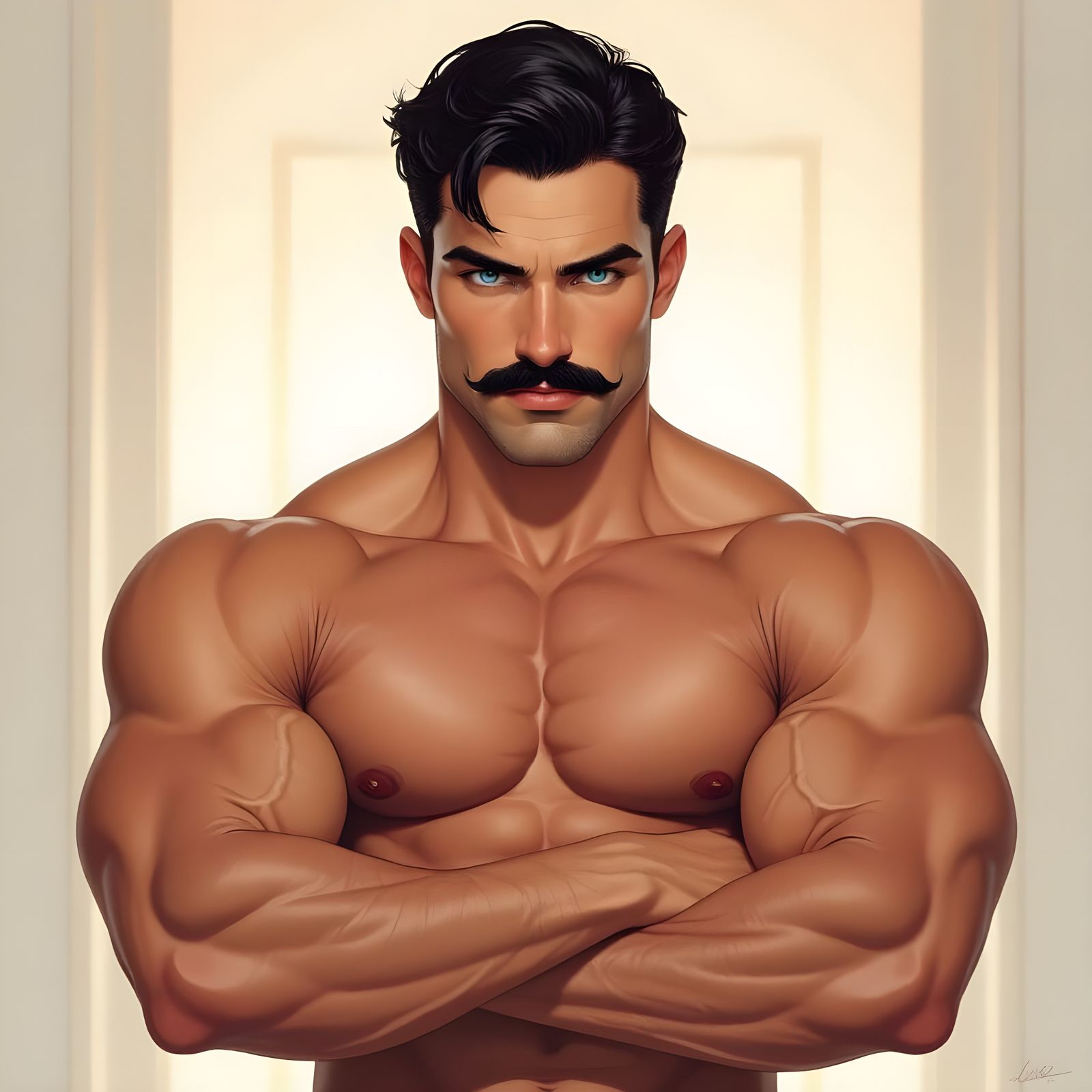 Muscular Man with Mustache Displays Physique