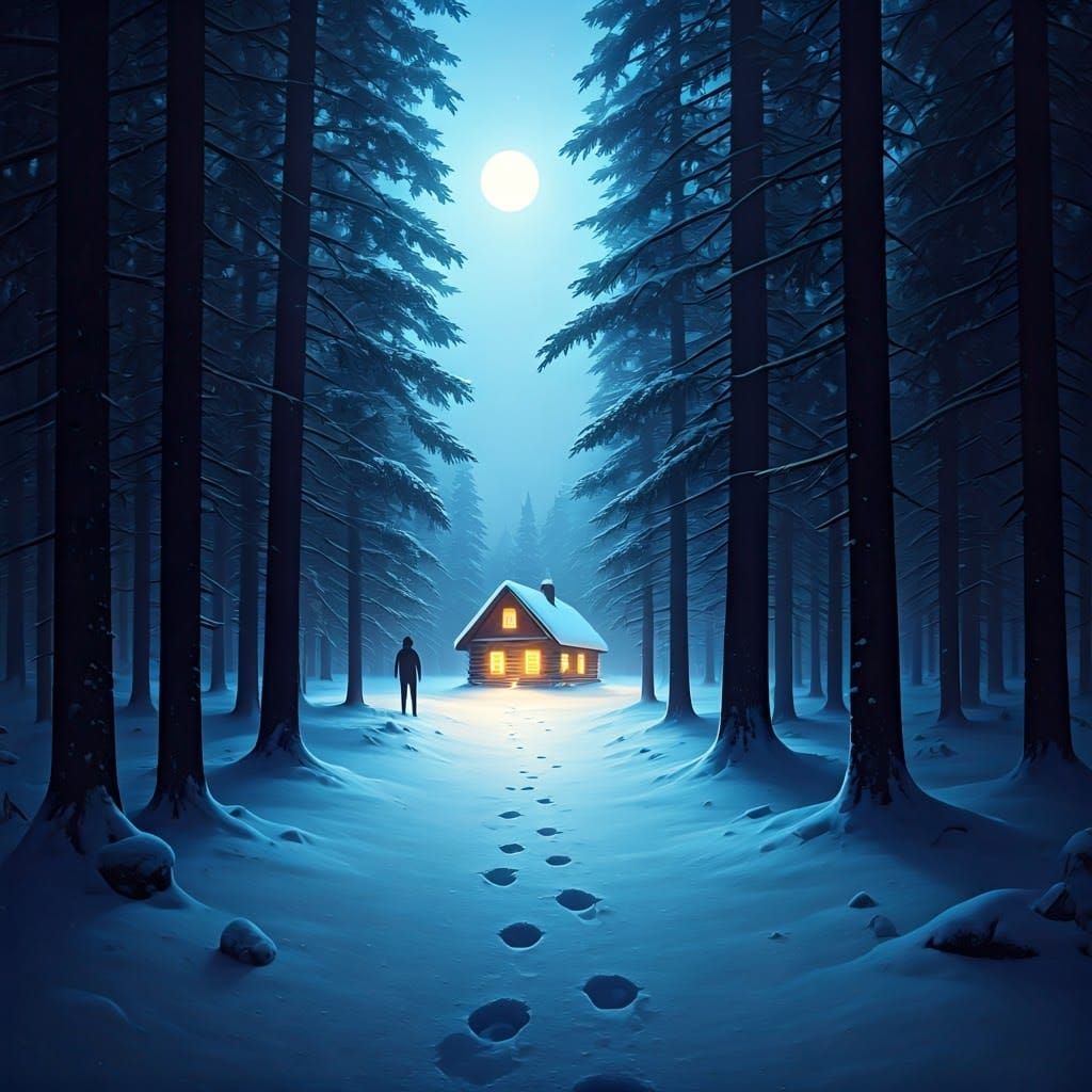 Surreal Winter Scene in Soft Moonlit Forest with Mysterious....