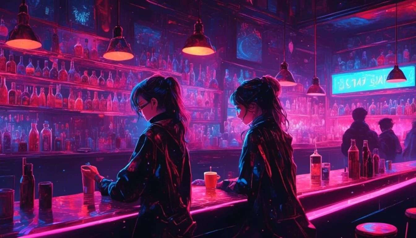 Cyberpunk Bar Scene with Neon Lights