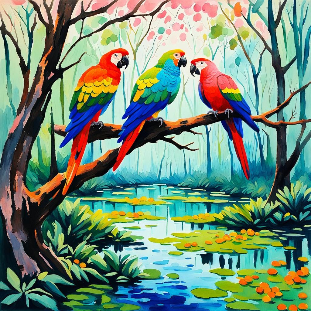 Colorful Parrots in Swamp, Gouache Watercolor Painting