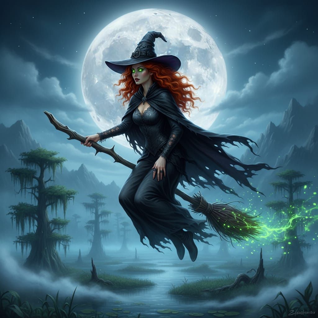 Witch Riding Broomstick Over Moonlit Swamp